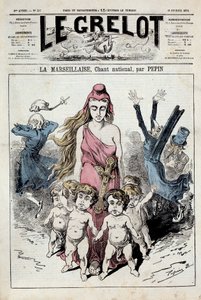 Una de “La campana” que representa una alegoría del himno nacional “La Marsellesa” avanzando mientras los nobles se tapan los oídos mientras huyen. Ilustración de Pepin. 10/02/1878. Colección privada de Pepin