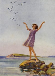 Chica disfrutando del sol en la playa (litografía en color)