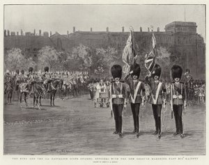 El rey y el 3er Batallón de la Guardia Escocesa, oficiales con los nuevos colores desfilando ante Su Majestad de Percy F.S. Spence