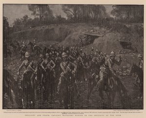 Crepúsculo y paz, caballería abrevando caballos en la seguridad del crepúsculo de Percy F.S. Spence