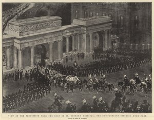 Vista de la procesión desde el techo del Hospital de San Jorge, el carro de armas entrando en Hyde Park de Percy F.S. Spence