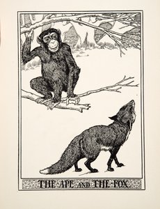 El mono y el zorro, de Cien fábulas de Esopo, pub. 1903 (grabado) de Percy J. Billingshurst