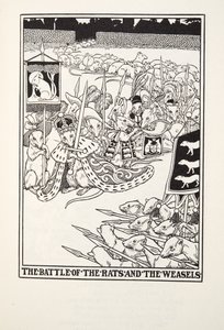 La batalla de las ratas y las comadrejas, de Fábulas de Fontaine, pub. 1905 de Percy J. Billingshurst