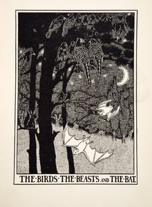 Los pájaros, las bestias y el murciélago, de Cien fábulas de Esopo, pub. 1903 (grabado)