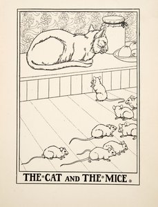 El Gato y los Ratones, de Cien Fábulas de Esopo, pub.1903 (grabado)