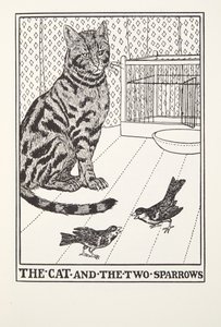 El gato y los dos gorriones, de las Fábulas de Fontaine, pub. 1905