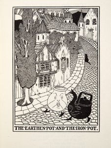 La olla de barro y la olla de hierro, de Fábulas de Fontaine, pub. 1905