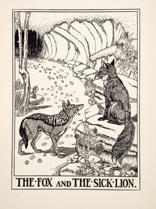 El zorro y el león enfermo, de Cien fábulas de Esopo, pub.1903 (grabado) de Percy J. Billingshurst