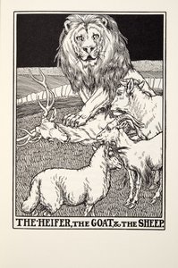 La ternera, la cabra y la oveja, de Fábulas de Fontaine, pub. 1905 de Percy J. Billingshurst