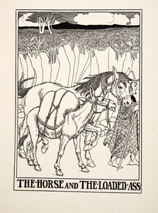El caballo y el asno cargado, de Cien fábulas de Esopo, pub. 1903 (grabado)