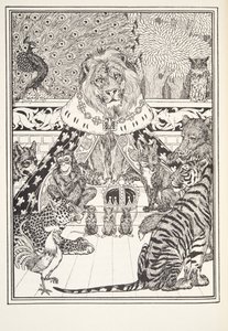 El león y sus asociados, frontispicio, de Fábulas de Fontaine, pub. 1905