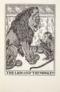 El león y el mono, de Fábulas de Fontaine, pub. 1905