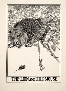El león y el ratón, de Cien fábulas de Esopo, pub.1903