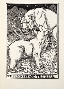 La leona y el oso, de las Fábulas de Fontaine, pub. 1905 de Percy J. Billingshurst