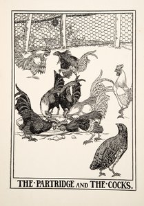 La perdiz y los gallos, de Cien fábulas de Esopo, pub.1903 de Percy J. Billingshurst