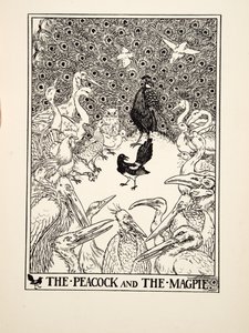 El pavo real y la urraca, de Cien fábulas de Esopo, pub.1903 (grabado) de Percy J. Billingshurst