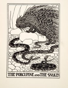 El Puercoespín y las Serpientes, de Cien Fábulas de Esopo, pub.1903 de Percy J. Billingshurst