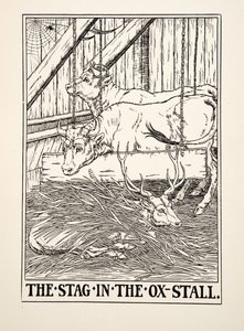 El ciervo en el establo de bueyes, de Cien fábulas de Esopo, pub.1903 (grabado)