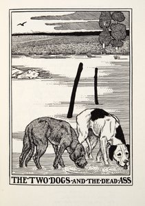 Los dos perros y el asno muerto, de las Fábulas de Fontaine, pub. 1905 de Percy J. Billingshurst