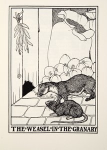 La comadreja en el granero, de Fábulas de Fontaine, pub. 1905 de Percy J. Billingshurst