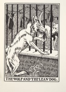 El lobo y el perro flaco, de las Fábulas de Fontaine, pub. 1905 de Percy J. Billingshurst