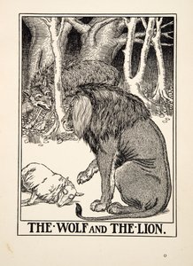El lobo y el león, de Cien fábulas de Esopo, pub. 1903 (grabado)