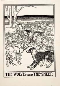 Los lobos y las ovejas, de Cien fábulas de Esopo, pub. 1903 (grabado)