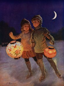 Niño y niña patinando con farolillos de noche (litografía en color) de Percy Tarrant