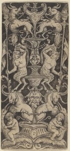 Panel de ornamento con dos niños desnudos sobre bestias monstruosas de Peregrino da Cesena