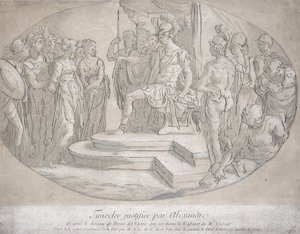 Alejandro y Timoclea, grabado por Nicolas Lesueur (1691-1764) de Perino del Vaga