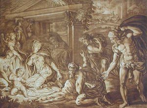 La Adoración de los Pastores, grabado por Elishah Kirkhall (1682-1742) 1724