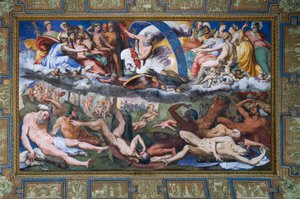 Zeus golpeando a los Gigantes rebeldes (la Caída de los Gigantes) en La Sala de Júpiter de Perino del Vaga