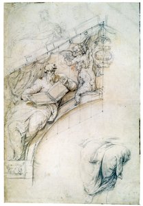Decoración de una pared sobre un arco de entrada con un profeta y dos putti, c. 1525