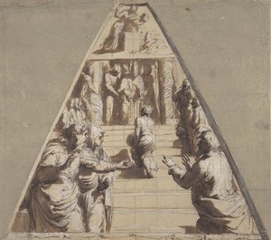 Presentación de la Virgen en el Templo abajo, Abraham a punto de sacrificar a Isaac arriba, 1520 de Perino del Vaga