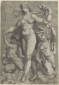 Tetis con dos tritones Neptuno y Tetis con dioses marinos y caballitos de mar (título de la serie) de Perino del Vaga