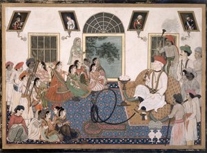 Un europeo, probablemente Sir David Ochterlony (1758-1825), vestido de indio, fumando un narguile y viendo un nautch en su casa en Delhi, c.1820 (tinta y color sobre papel)