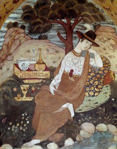 Una princesa persa bajo el gobierno de Abbas I, descansando siglo XVII. Fresco del Palacio de las 40 Columnas (Chehel Sotoun) en Isfahan, Irán. de Persian School