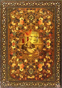 Una cubierta de libro Zand pintada con una figura central sentada dentro de un interior, rodeada de ramos florales, mediados del siglo XVIII de Persian School