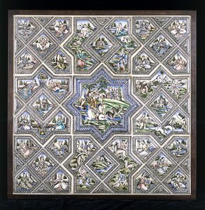 Un panel de azulejos de cerámica, que representa a Bahram Gur cazando y varias otras figuras en una variedad de escenas, finales del siglo XIX de Persian School