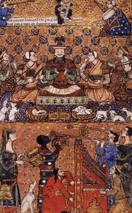Add 27696 f.13 Gobernante entronizado con asistentes y músicos, escrito en Génova, finales del siglo XIV.