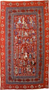 Un colgante bordado de paño de lana roja con filas de figuras representando la vida de José de Persian School