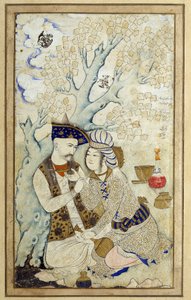 Arte islámico: Retrato de Shah Abbas I abrazando a uno de sus pajes. Dibujo persa de 1672. Dim: 0,16 x 0,27m. París, Museo del Louvre de Persian School