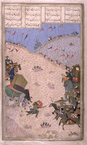 Bahram Chubina, su Elefante Asesinado, Lucha a Pie, ilustración del Shahnama (Libro de los Reyes), por Abul-Qasim Manur Firdawsi (c.934-c.1020) c.1440-45