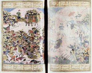 Batalla entre Isfandiyar y Arjasp, ilustración del Shahnama (Libro de los Reyes) de Abul-Qasim Manur Firdawsi de Persian School