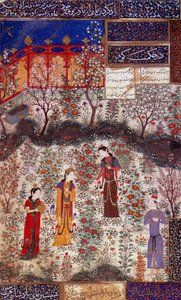 Primera entrevista del Príncipe Houmay y la Princesa Houmayoun de China. Miniatura tomada de un poema de Kuradjou Kirmani realizada por la escuela de Herat, alrededor de 1430. Irán. Artes decorativas, París de Persian School