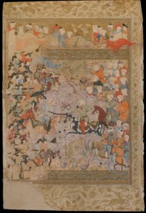 Folio de un Rawzat al-safa (Jardín de la felicidad) de Mirkhwand (m. 1498); recto: La batalla contra los bizantinos por Alepo, Shiraz, Irán, período Safávida, 1571-72