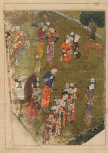Folio de un Zafarnama; recto: Timur concede una audiencia con motivo de su ascenso al trono en Balkh; verso: texto, Shiraz, Irán, período Timúrida, 1436 de Persian School