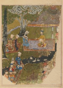 Folio de un Zafarnama; verso: Timur concede una audiencia con motivo de su ascenso al trono en Balkh, Shiraz, Irán, período Timúrida de Persian School