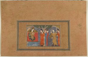 Folio de un texto no identificado; Una princesa entronizada, Irán, c.1440-50 de Persian School