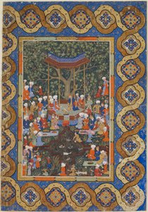 Folio de un texto no identificado; Un gobernante en un pabellón de jardín rodeado de cortesanos y asistentes de Persian School
